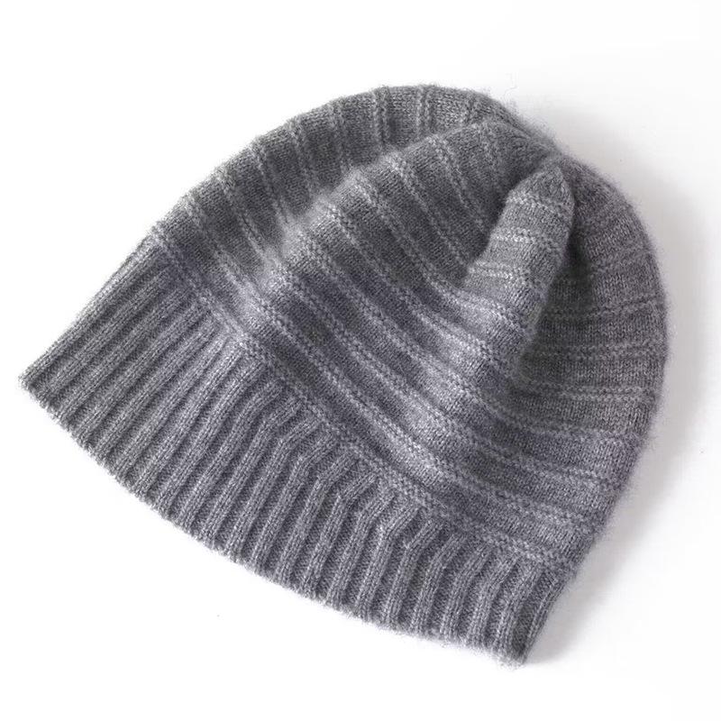 Women's Pure Wool Knit Beanie Hat Winter Warm Striped Pattern Soft Cozy Thickened Cap Headwear for Cold Weather Hiking