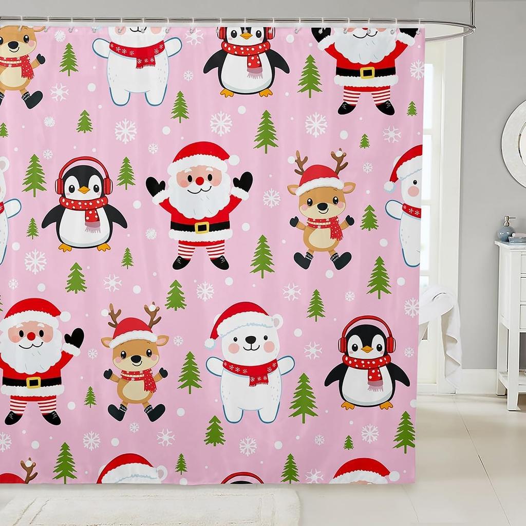 Christmas Puppy Shower Curtains Festive Pet Bathroom Curtain Kids Women Men Cute Dog Bathroom Accessories Xmas Tree Snowflake