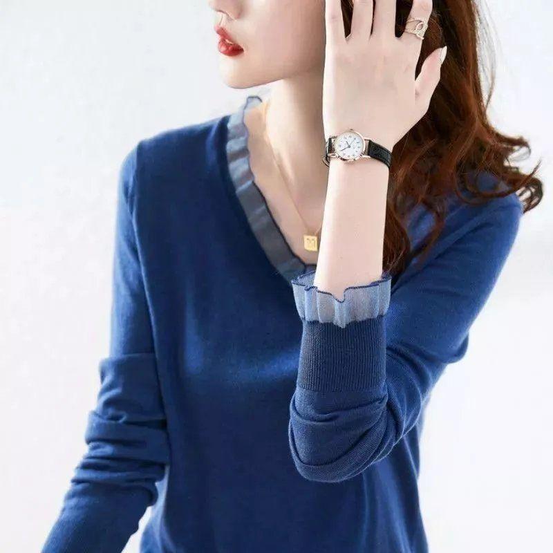 Loose V-neck Knitted Sweater Autumn Winter Solid Color Splicing Pullover Top