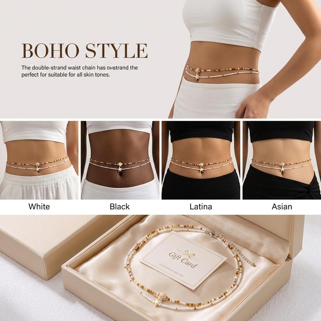 Classic Brown Rice Beads Double Layer Belly Chain for Women Summer Starfish Turtle Pendant Waist Chain Sexy Bikinis Jewelry