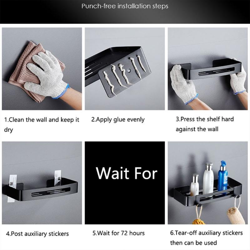 Wall Mounted Bathroom Shelve Multifunctional Storage Tray Shampoo Holder with Metal Hooks Toilet Kitchen Accessories