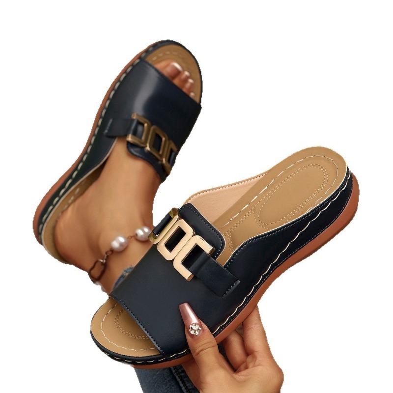 Slope heel platform slippers women's new large size casual fashion simple metal buckle fish mouth sandals