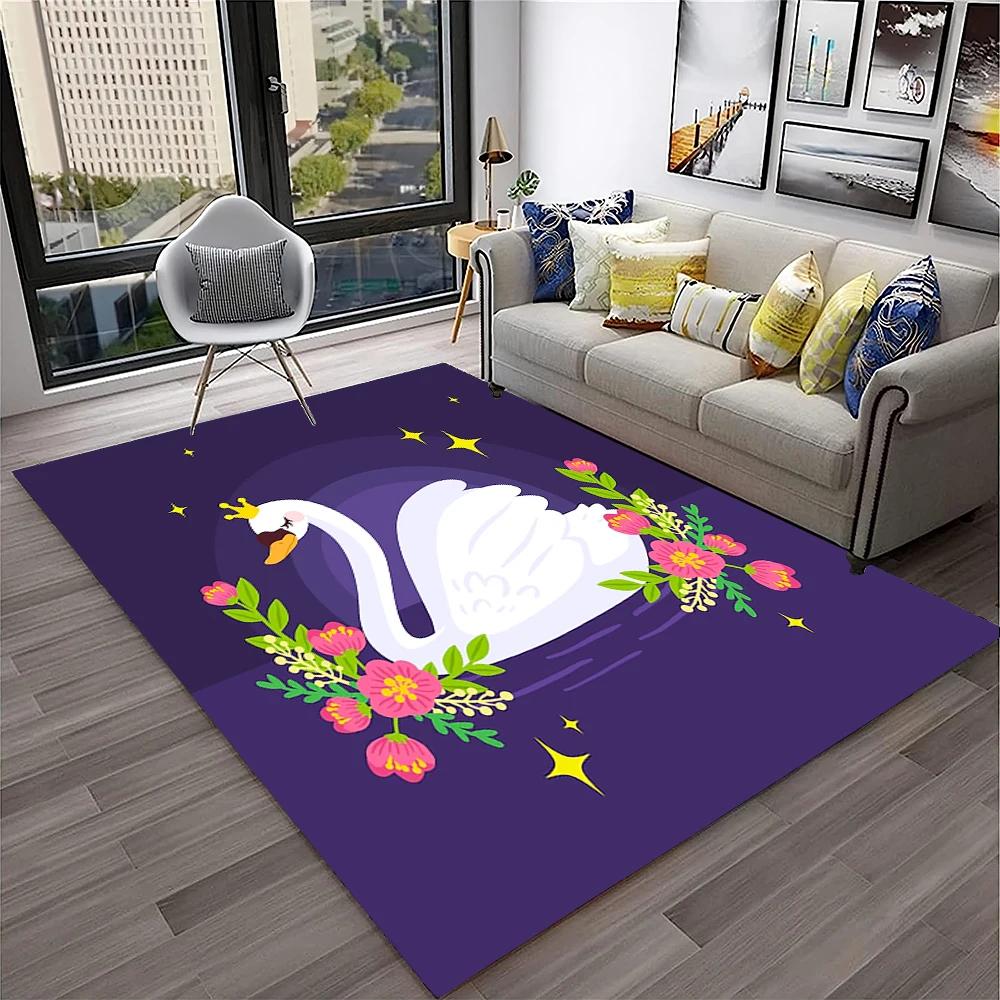 Cute Swan Princess Cartoon Cygnus Carpet Rug for Home Living Room Bedroom Sofa Doormat Decor, Kids Area Rug Non-slip Floor Mat