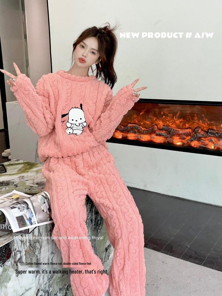 Einfarbiges Damen-Jacquard-Shu-Baumwollfleece-Pyjama-Set - Warm, dick, langärmelig, Homewear für Herbst und Winter.