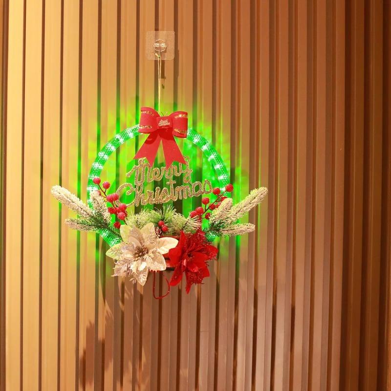 LED Lighted Christmas Wreath Decor, Festive Hanging Ornament for Window Display, Party Atmosphere Decoration Props