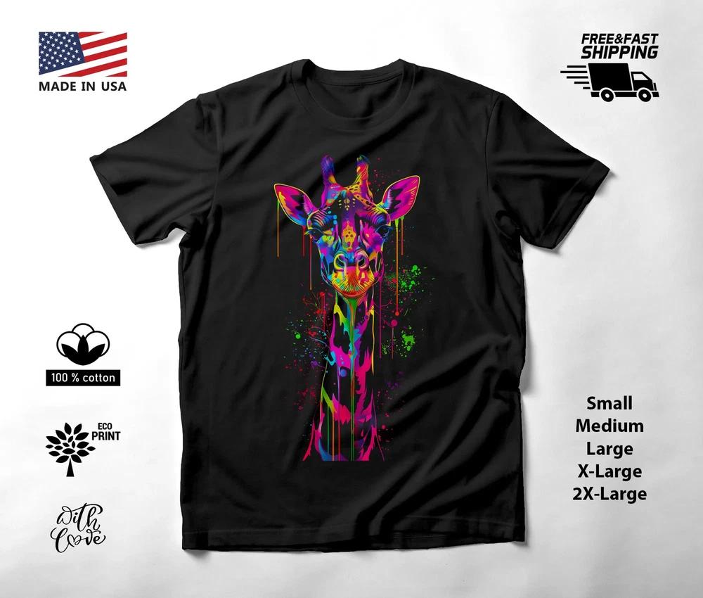 Giraffe Portrait Neon Graphic T-Shirt Black Unisex S-2XL
