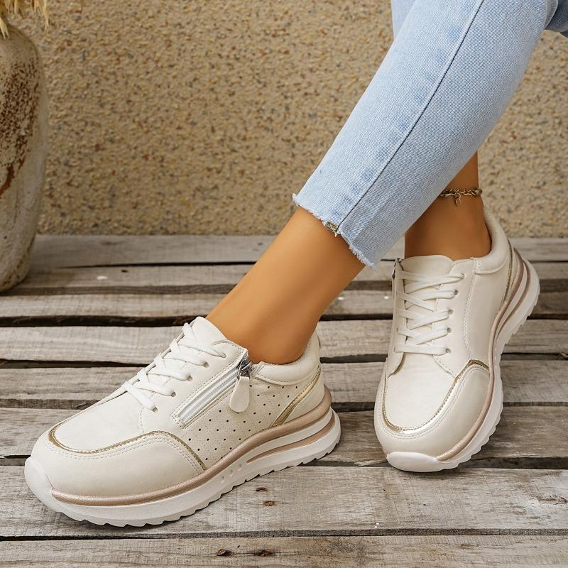 Women's Wide Width Round Toe Lace-Up Sneakers - Two-Tone Color Block Casual Flats for Fall, Fashion Breathable Walking Shoes