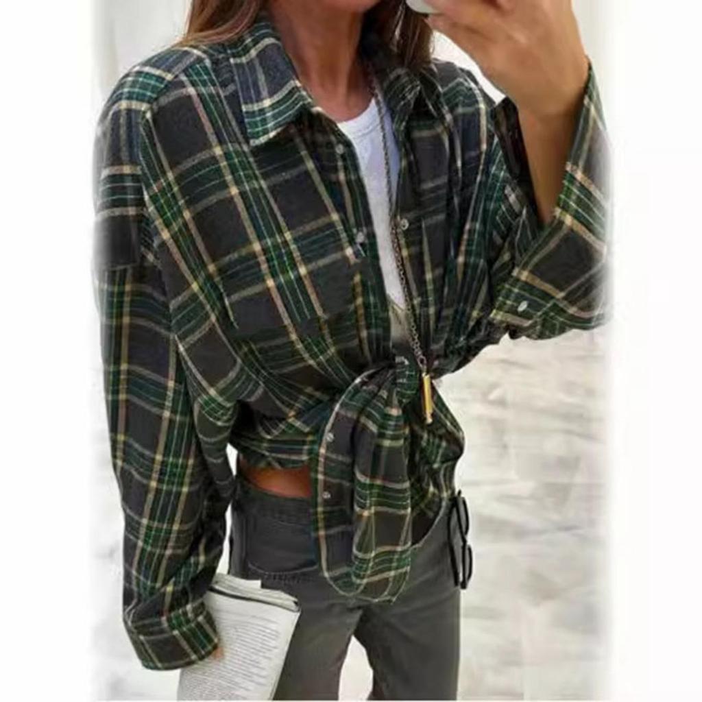Women Vintage Long Sleeve Shirt Oversized Plaid Shirt Autumn Winter Fashion Loose Lapel Pocket Shirt Fit Blouse Korean Style