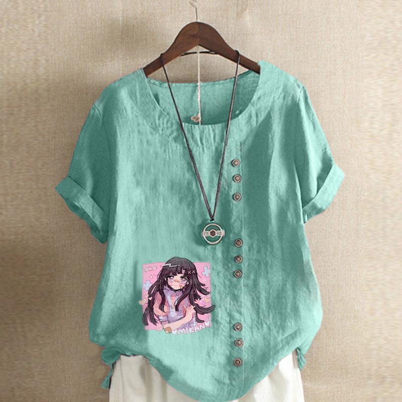 Women's Fashion Round Neck Short Sleeve T-shirt Casual Cotton Linen Graphic Shirt Leisure Loose Pink Girl Prined Summer Blouse Tops