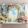 2D Colorful Pastel Flower Backdrop with Arched Window and Floral Arrangements