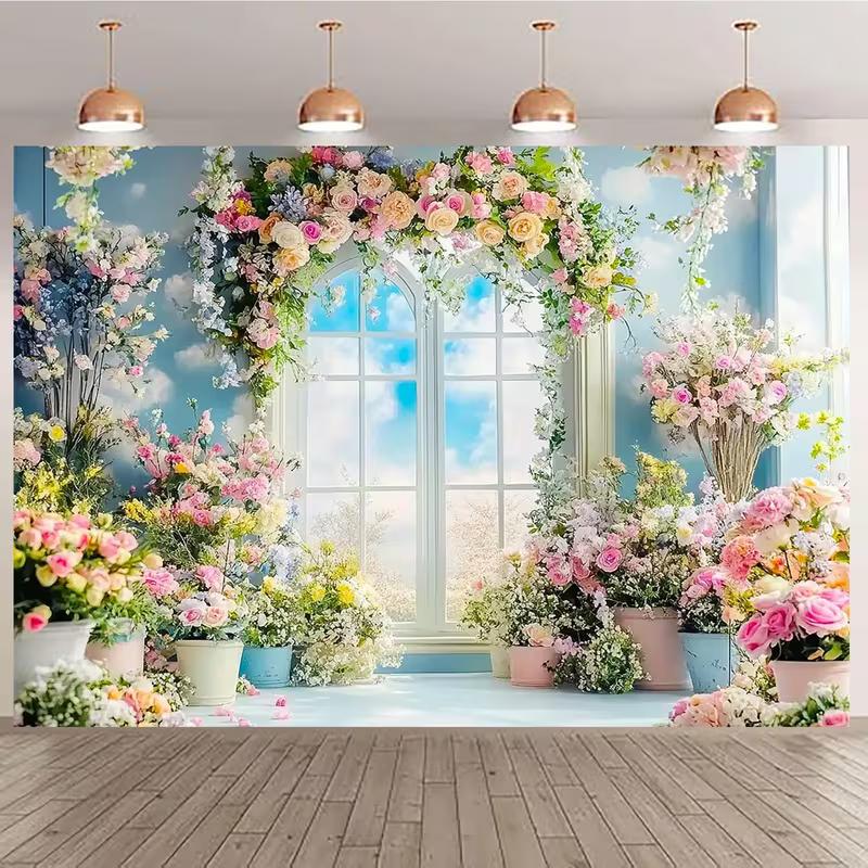 2D Colorful Pastel Flower Backdrop with Arched Window and Floral Arrangements