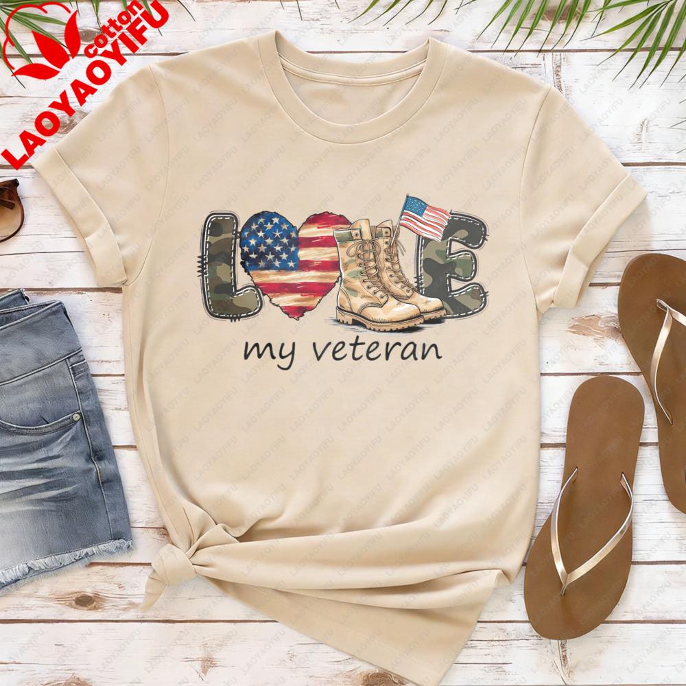 Love My Veteran Shirt Patriotic American Flag Tees Vintage Print Women Clothes Round Neck Tshirt Veteran Creative Gift