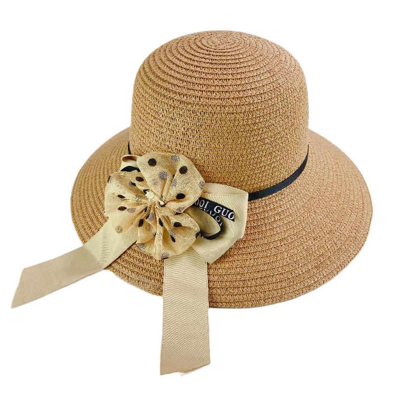 Bucket hat trendy breathable sun protection sun bow hat women's summer big brim straw hat shade beach hat