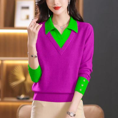 Knitted Women's Top Long Sleeve Fake Two-Piece  Autumn  New Fashion Stylish Shirt Warm Sweater Base Layer Tops