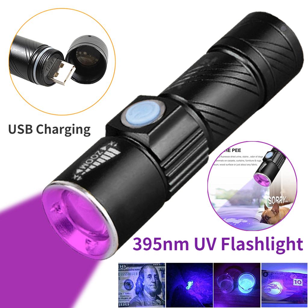 365nm UV Lamp USB Rechargeable Ultraviolet Flashlight 3 Mode Powerful Mini UV LED Torch Telescopic Zoomable UV Light Blacklight