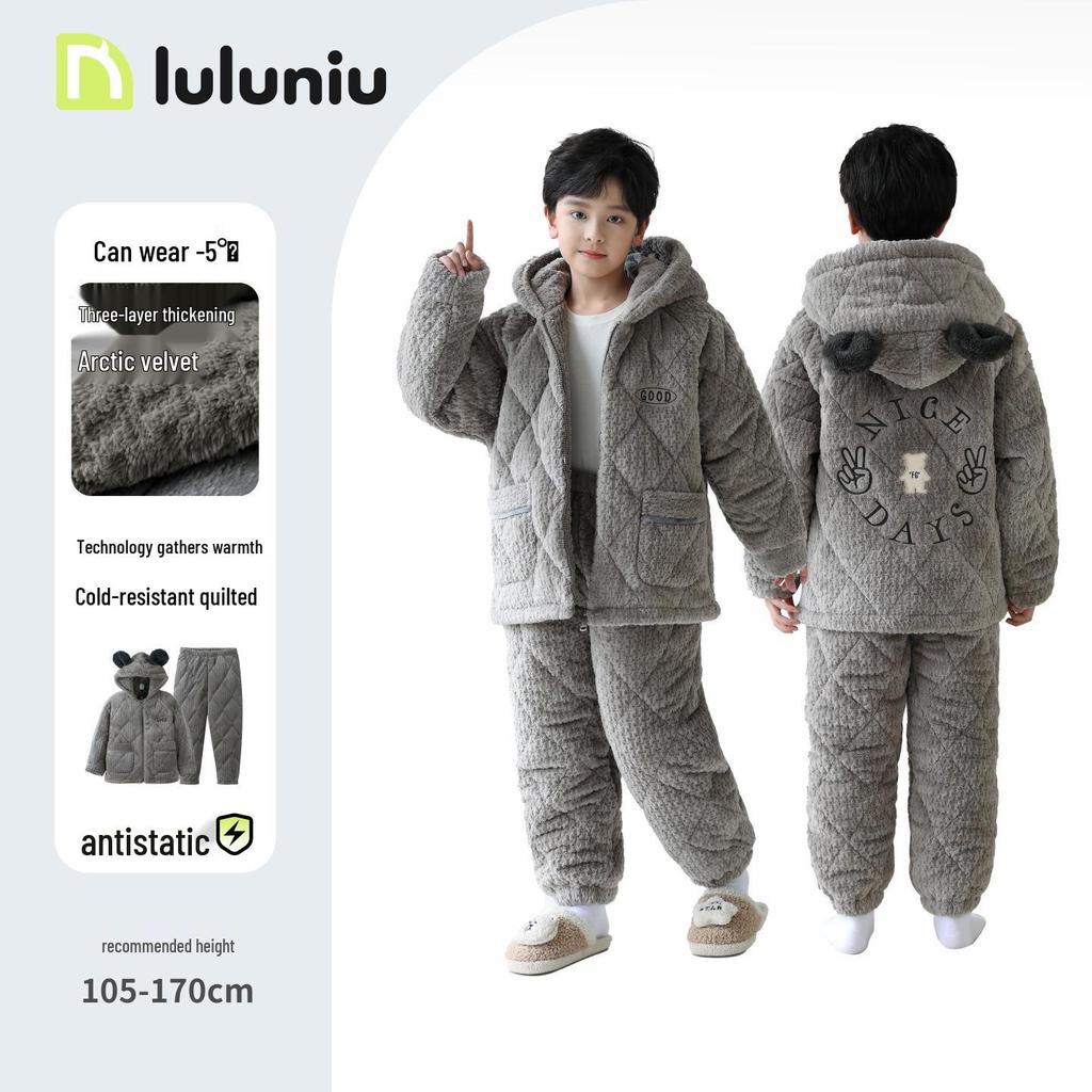 Boys' Winter Quilted Flannel Pajamas - Three-Layer, Medium & Large, Coral Fleece Warm Homewear