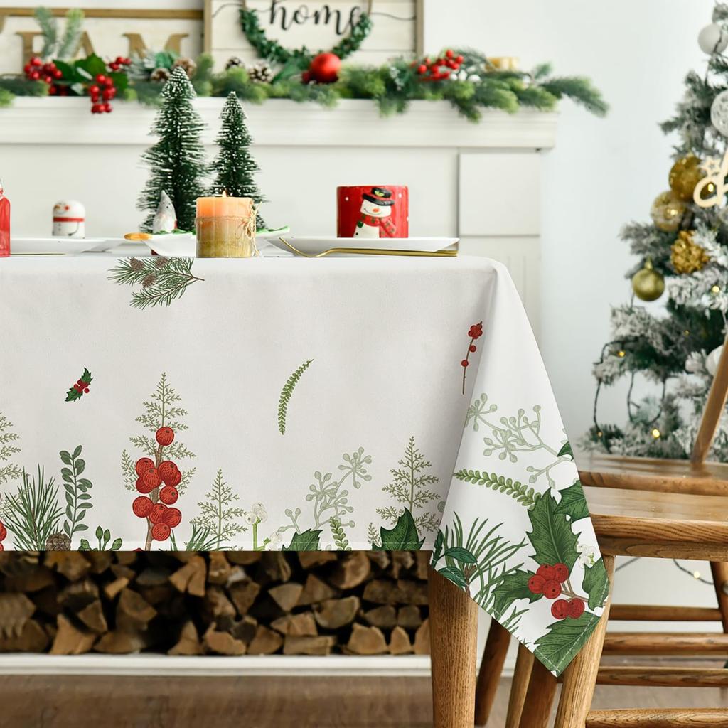 Christmas Holly Berries Pine Leaves Waterproof Tablecloth Table Decor Winter Xmas Kitchen Dining Tablecloth Christmas Decoration