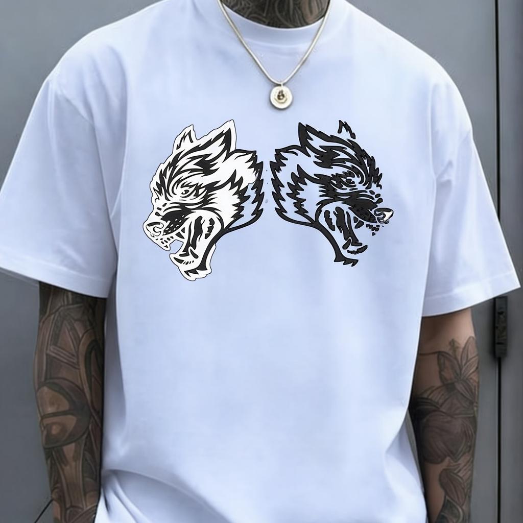 Two Headed Wolf Print Graphic Tee Men Casual Loose Short Sleeve Cotton Crew Neck Streetwear