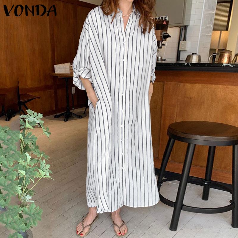 VONDA Women Turn Down Collar Casual Long Sleeve Striped Baggy Maxi Long Dress