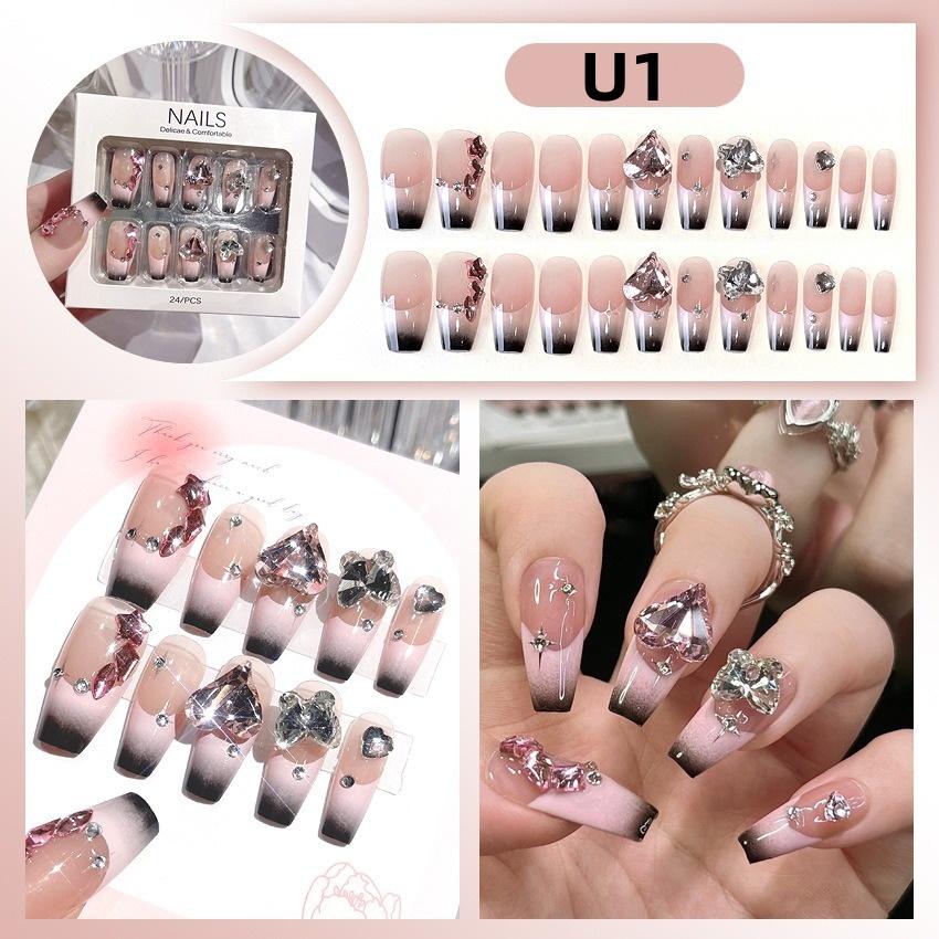 White Blue Color 3D Rabbit Star Rhinestone Designs-Full Cover Acrylic False Nails for Women and Girls Detachable Long Fake Nails