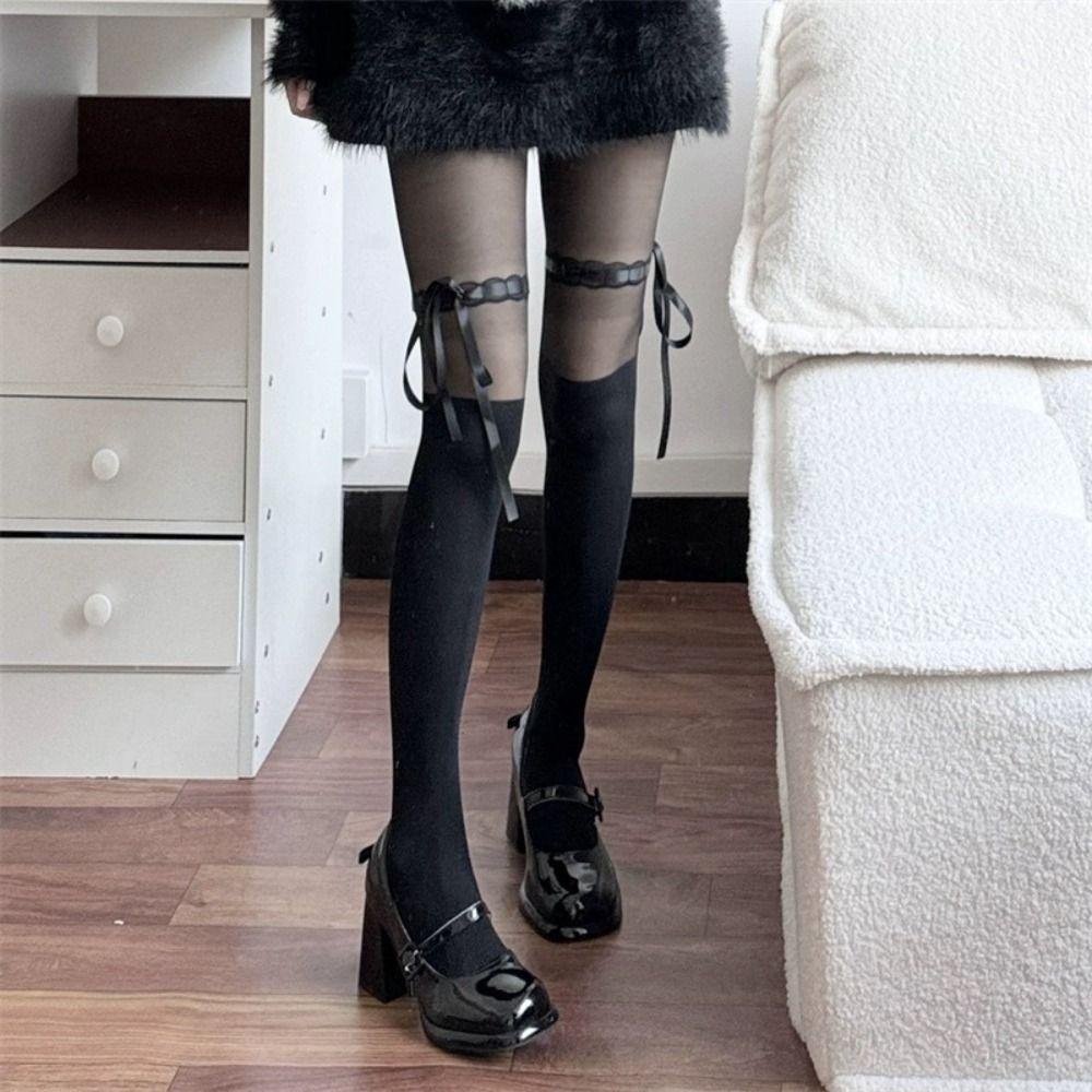 

2Pcs Pantyhose Lace UP Stockings Patchwork Stockings Women Fashion Long Socks Streetwear 2Pairs Beige