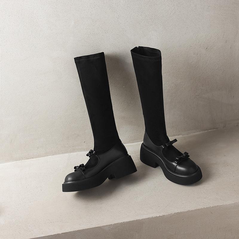 

Thick-soled heightening socks boots women s British style French bow one-pedal Mary Jane elastic thin boots 39