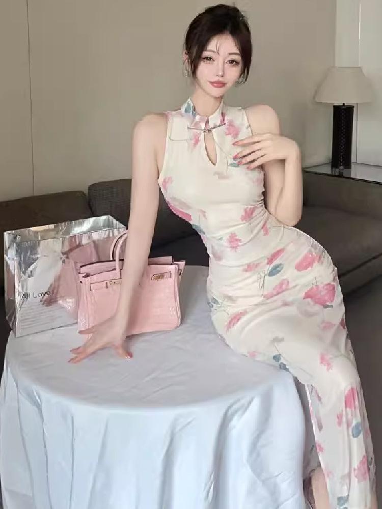 Daily young color off-the-shoulder improved cheongsam Chinese national style slim-fitting split-ends and thin hip-wrapped long dress