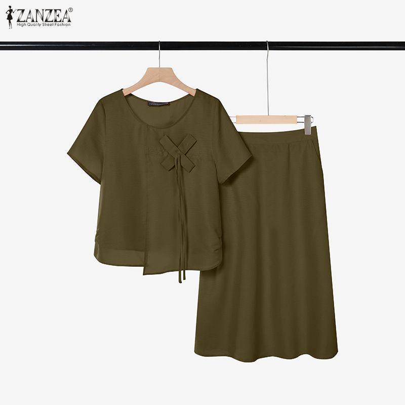 ZANZEA Two Piece Suit Women Short Sleeve Tops and Midi Pleated Skirts Elegant Sets S зелёный