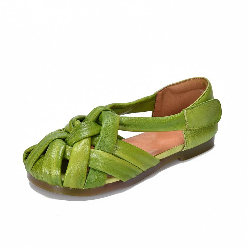 Johnature Genuine Leather Flat Roman Sandals Woven Hollow-out Breathable Women's Shoes