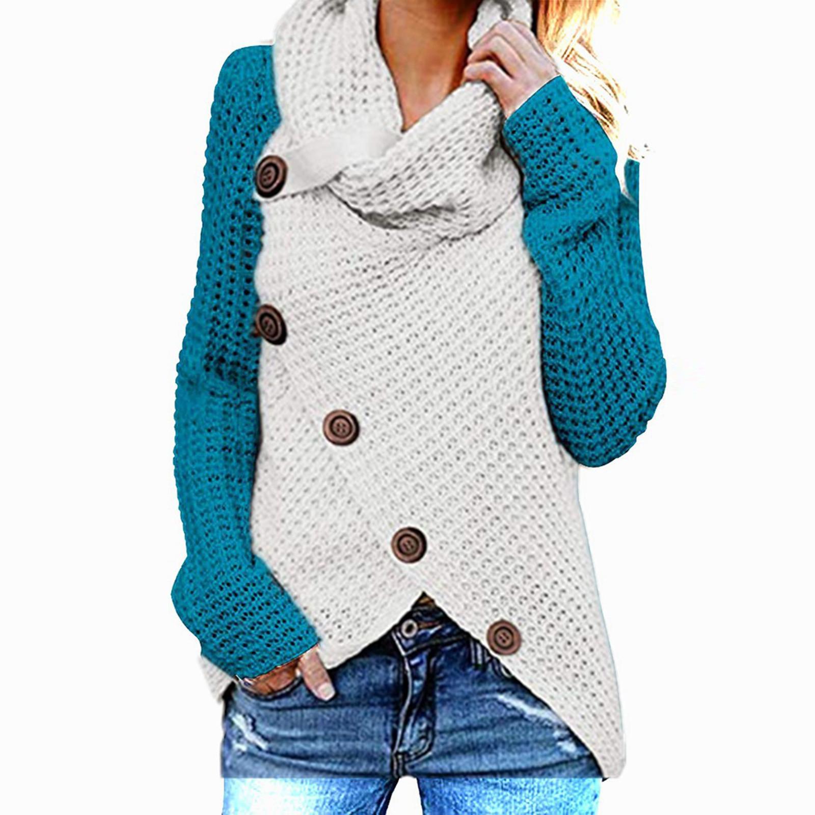 

Женская мода Зимний трикотажный свитер с длинным рукавом на пуговицах и неровным низом M небесно-голубой