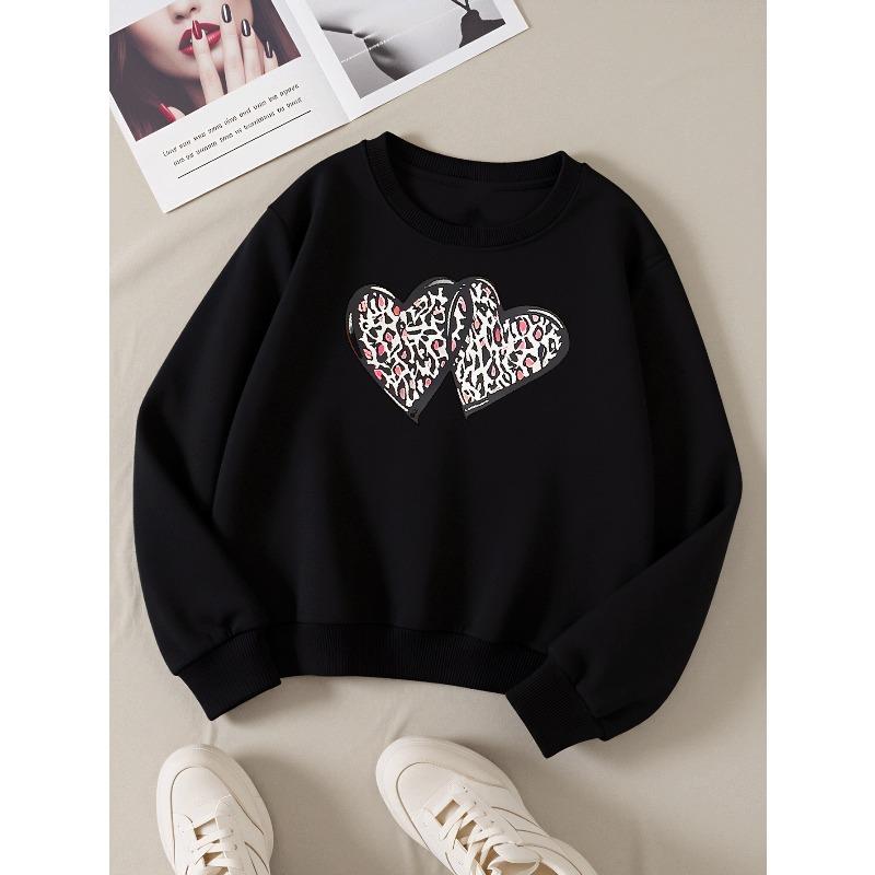 Heart Pattern Print Design Girls' Crew Neck Fashion Sweatshirt, Autumn and Winter Western Style Top, Children's Long Sleeved T-shirt