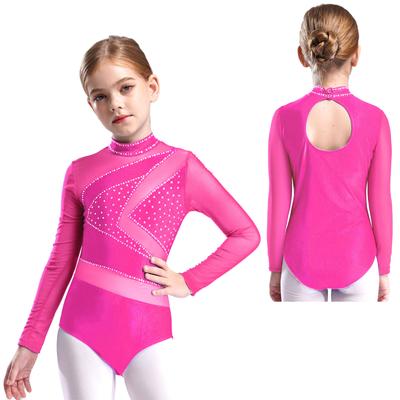 Fete Body cu Mâneci Lungi din Plasă Transparentă Decupaj la Spate Costum Gimnastică Patinaj Artistic cu Strassuri Sclipitoare