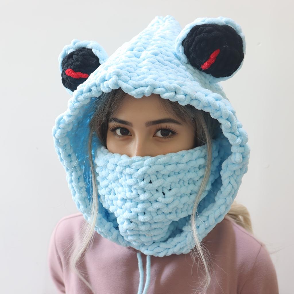 Thick Yarn Full-Face Coverage Hooded Mask with Moisture-Wicking Suitable for Halloween Cosplay, Stretchable Frog-Themed Neck Warmer & Warm Hat for And