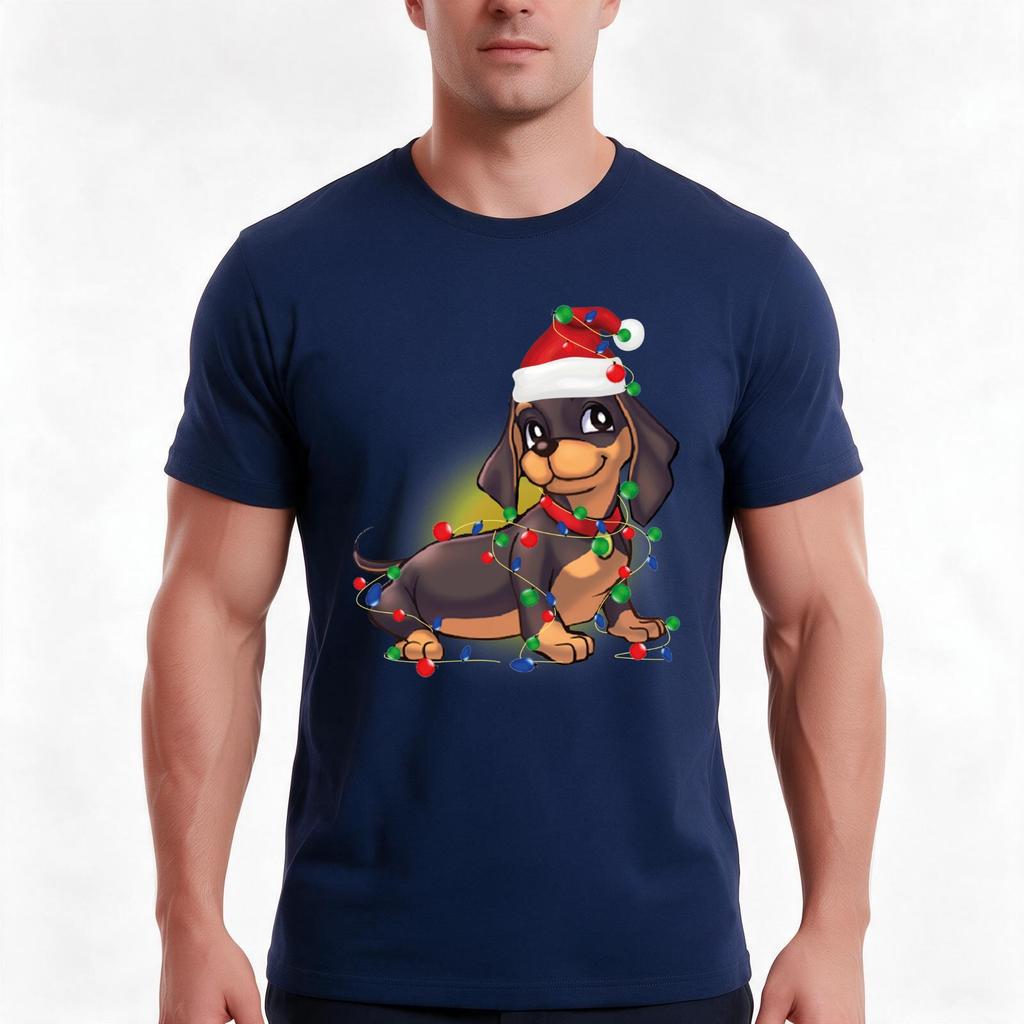 Christmas Lights Dog Dachshund Tshirt Summer Casual Cotton Tee Oversized Streetwear Tops Vintage Graphic Print