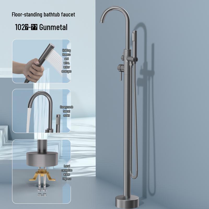 Gunmetal Grey Floor-Mounted Bathtub Faucet with Handheld Shower