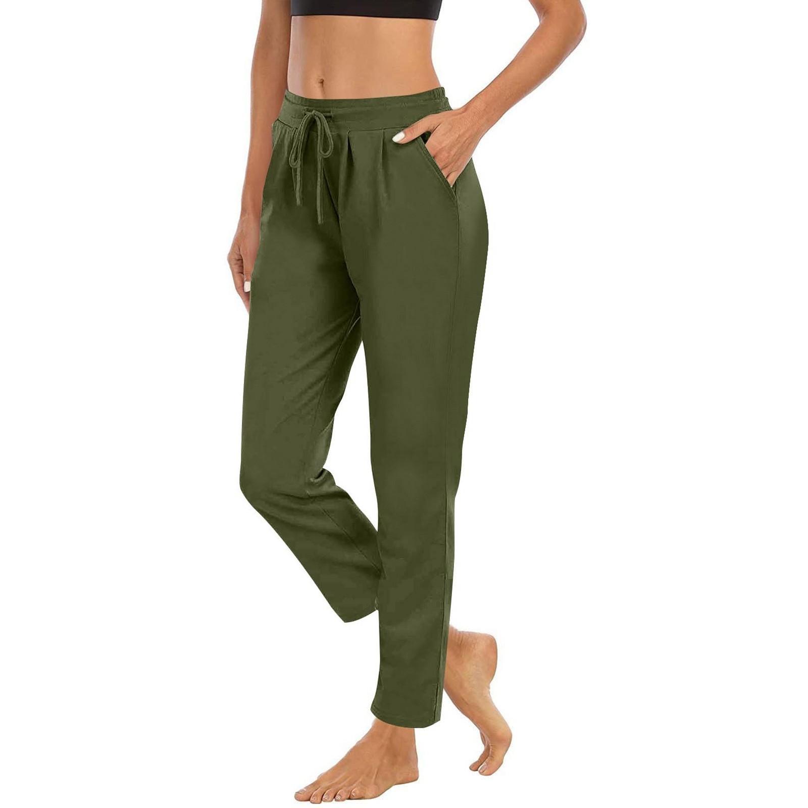 

Жіночі однотонні повсякденні штани зі шнурівкою із завищеною талією, стрейч, довгі зручні штани з кишенями XXL зелений