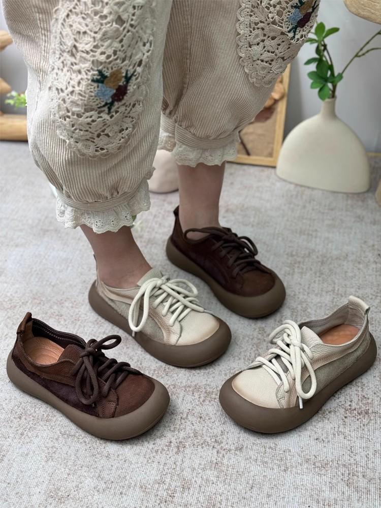 Fashion GKTINOO Retro Genuine Leather Lace Up Women's Shoes 2025 Spring New Casual Round Toe Cowhide Flats