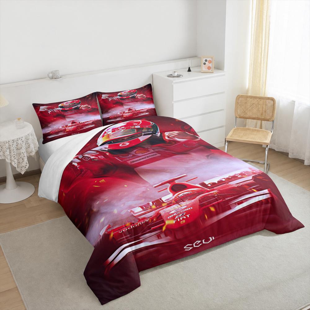 "Red Racing Car and Driver Art Bedding set (1 duvet cover, 2 pillowcases, duvet not included)