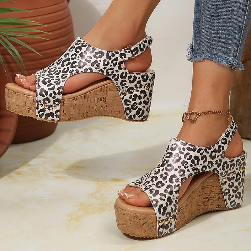 Leopard Print Chunky Platform for Sandals Women Summer Thick Sole Wedge Sandals Woman Peep Toe Casual Beach Shoes