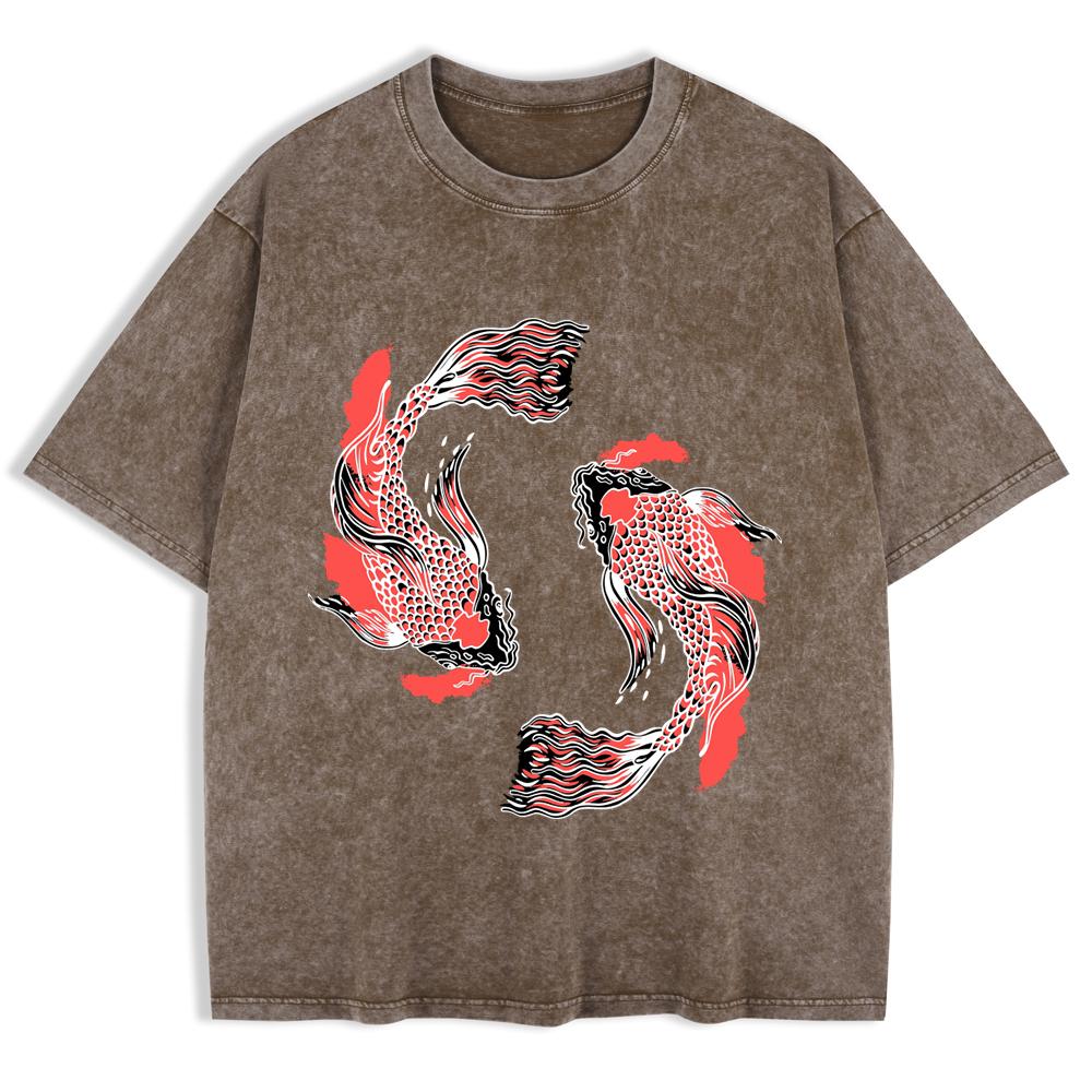 Japanese Koi Harajuku Prints Washed T-Shirts Mens Cotton Short Sleeve Tops Summer Oversize T Shirt Basic Male Clothes