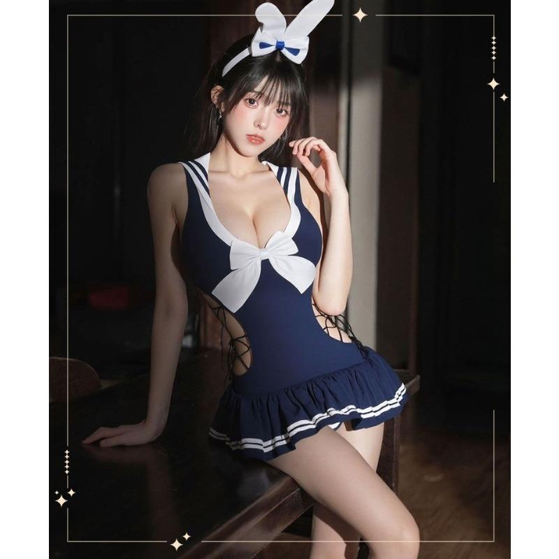Sexy Lingerie Pure Desire Campus Bunny Girl Role-playing Uniform Non Detachable Swimsuit Women's Tie Up One-piece Dress
