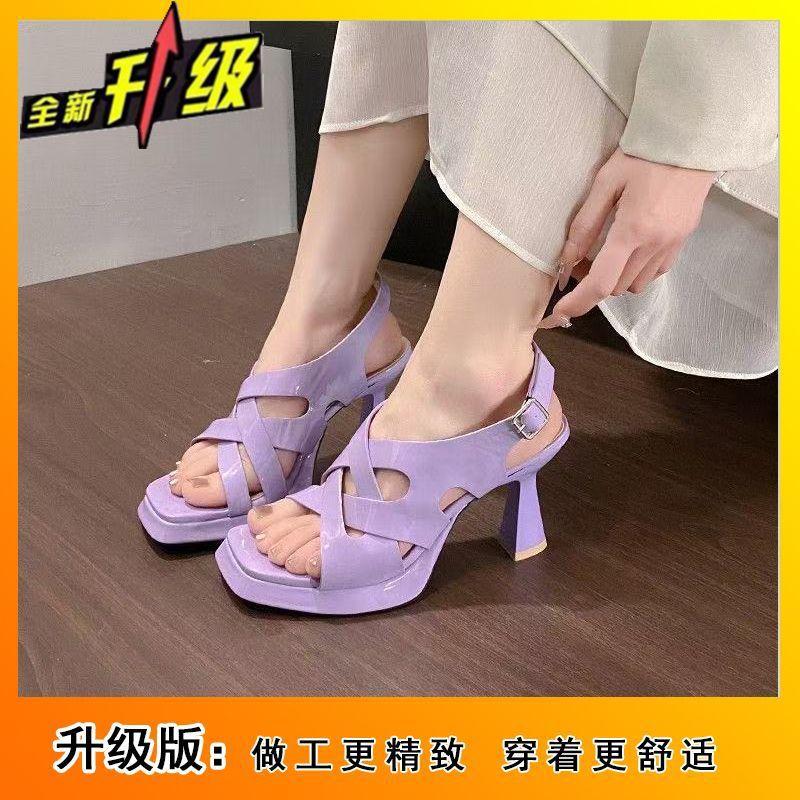 New Cut-out Sandals for Summer 2025 Women's Patent Leather Square Toe Thick Heel Fashionable Platform Women's High Heels