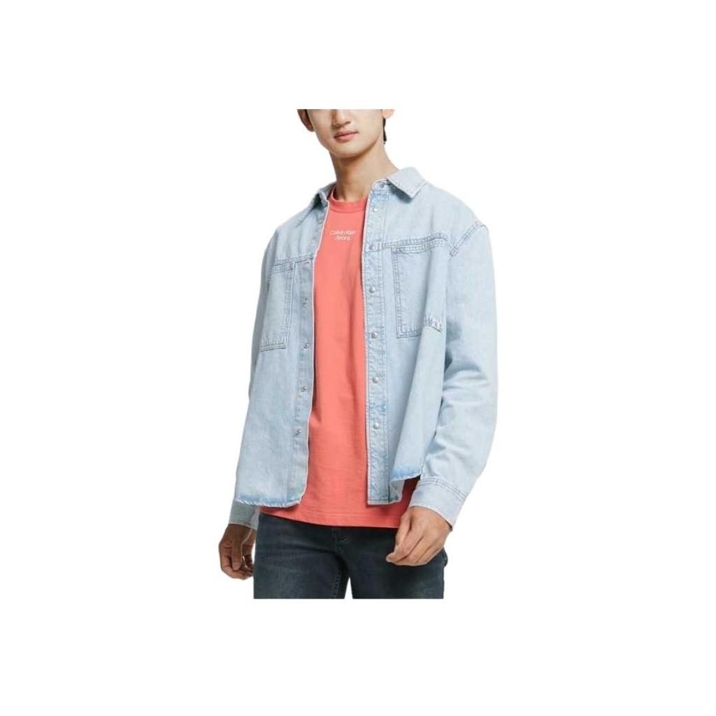 Calvin Klein Solid Single-Breasted Point Collar Long Sleeve Denim Shirt With Square Pockets Men Tops Light-Blue J320536-1AA