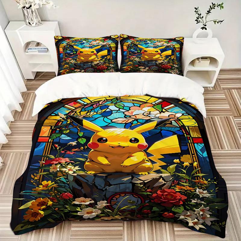 3pc Pikachu StainedGlass Bedding Set Guest Room Bedroom Decor Christmas Halloween Decor Birthday and Holiday Gifts- All Seasons 3pcs Quilt 053