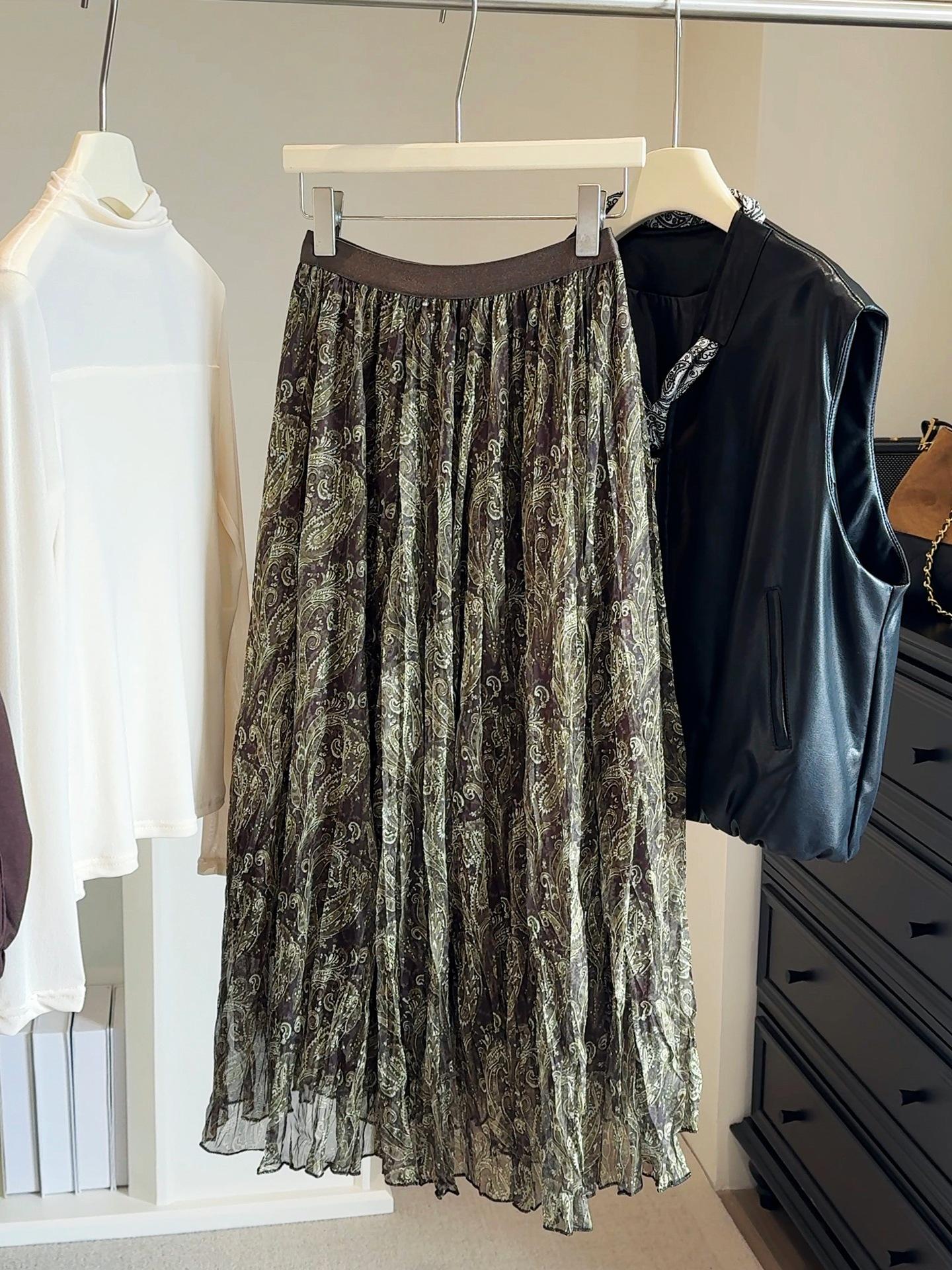 Women s Elegant High-Waisted Floral Pleated Midi Skirt - 2025 Autumn Vintage Style One Size