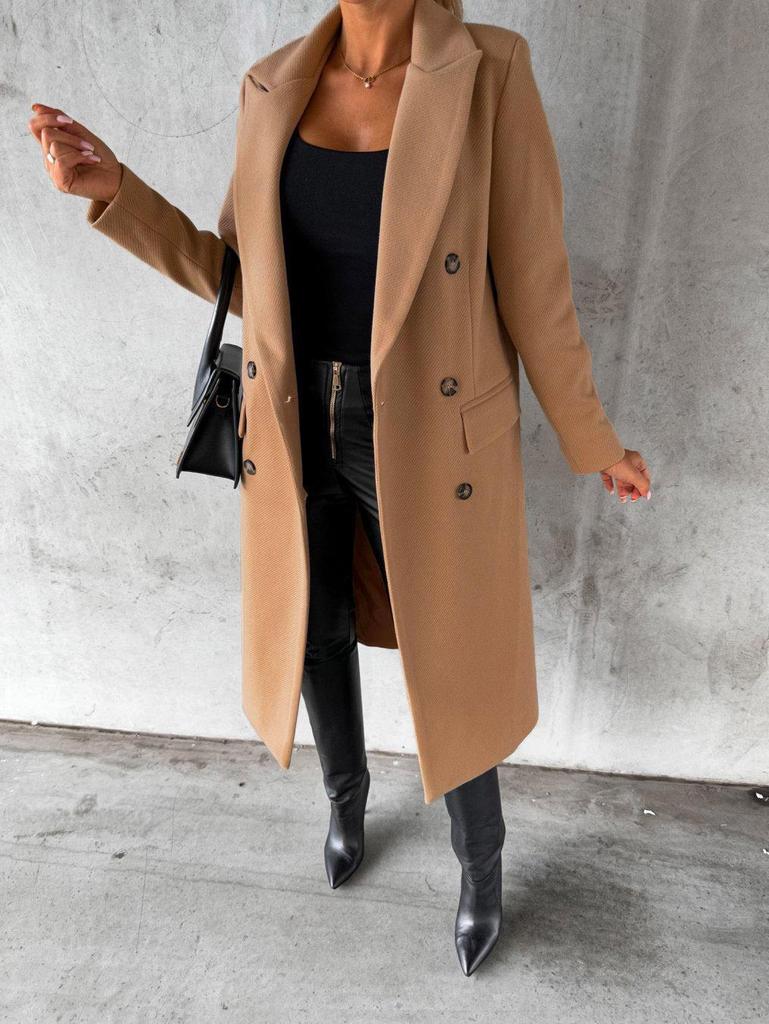 Women's Spring 2025 Versatile Woolen Double-Breasted Long Sleeve Coat with Welt Pockets