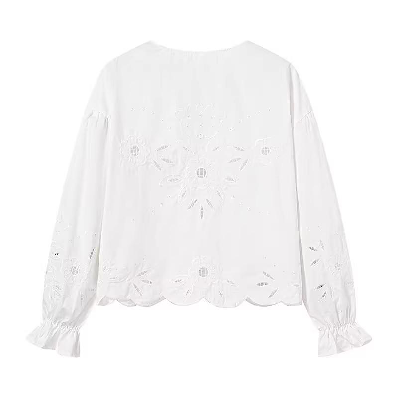 2025 Spring Women's Fashion Hollow-Out Embroidered Lace-Up Shirt Top
