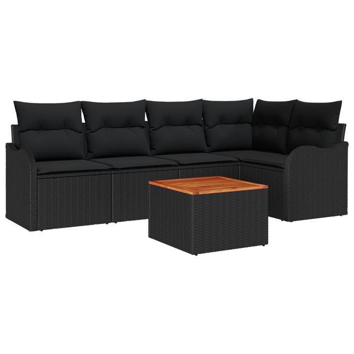 Ensemble de canapés de jardin en 6 pièces avec coussins noir poly rattan acacia, Canapé de jardin 2 places avec rangement et 3356126