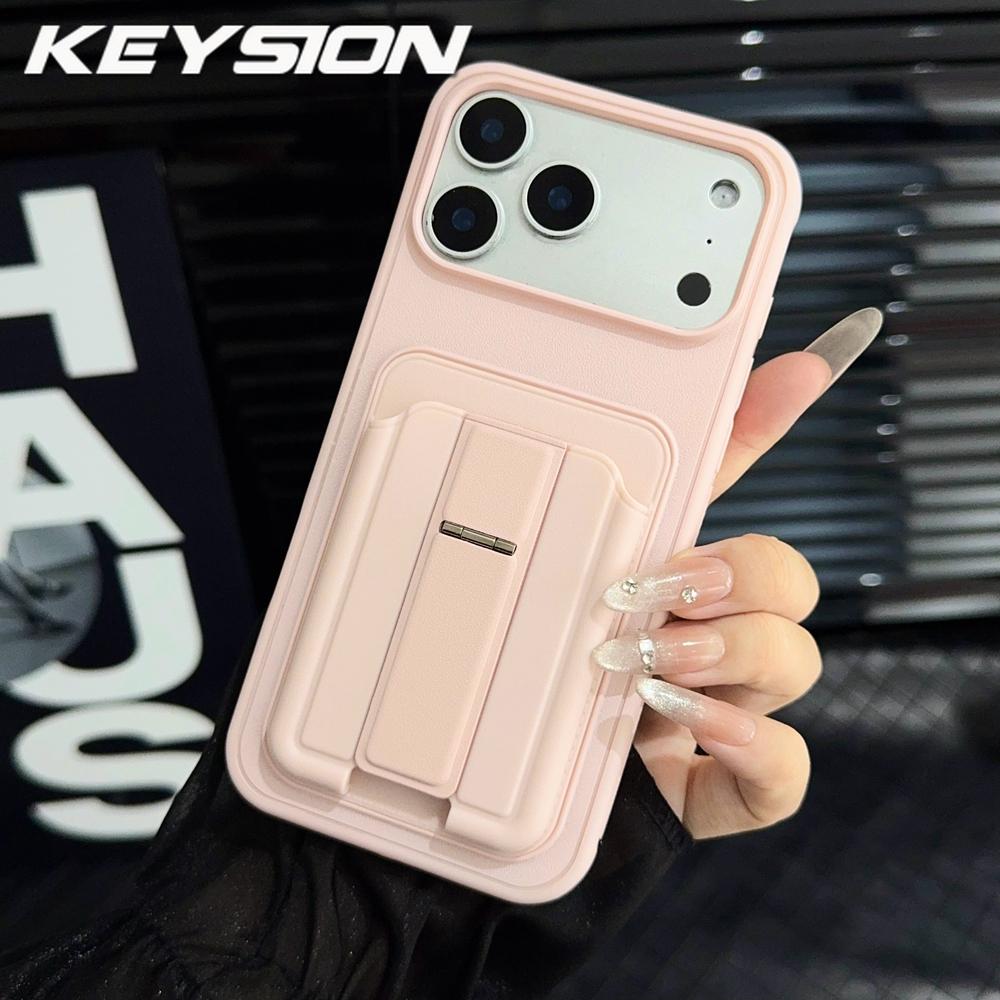 

KEYSION Shockproof Phone Case for iPhone 16 17 Pro Max 17 Air 16 Plus Silicone+PC Card Slot Holder Bag Kickstand Back Cover for iPhone 16 Pro Max рожевий