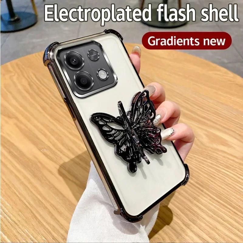 Etui z uchwytem 3D w kształcie motyla z powłoką galwaniczną dla Xiaomi Redmi 15C Note 15 Note 14 Pro Plus 14C POCO C85 4G 5G Odporne na wstrząsy etui z podstawką